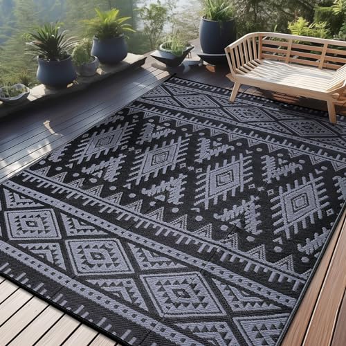 OLANLY Outdoor Rug Waterproof 8x10 ft, Reversible Outdoor Plastic Straw Rug, Boho Patio Rug, Indoor Outdoor Carpet, RV Mat Outside for Patio, Camp, Picnic, Balcony, Deck, Backyard, Black & Grey - color: Black & Grey, size: 8' X 10' (Rectangular)