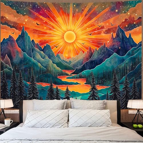 Zussun Vintage Sun Mountain Tapestry Hippie Boho Nature Forest Tree Wall Tapestry for Bedroom Aesthetic Sunset River Landscape Large Tapestries Wall Hanging for Dorm Living Room Decor 80 x 60 Inch - color: Yellow Green, size: 80"L x 60"W