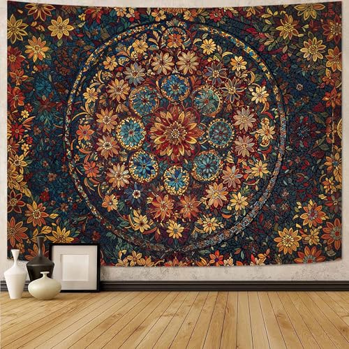 Fowocu Boho Floral Mandala Tapestry Wall Hanging Vintage Bohemian Flower Medallion Tapestry Aesthetic Orange Stained Glass Hippie Small Tapestries for Bedroom Living Room Dorm Decor 40 x 30 Inch - color: Orange Brown, size: 40"L x 30"W