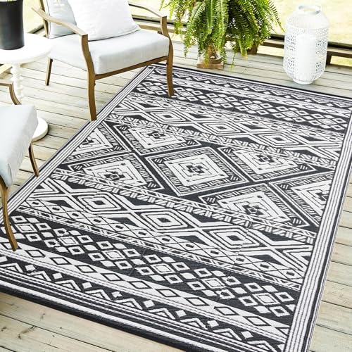 YONILE Outdoor Rug 8x10 ft Waterproof, Reversible Outdoor Plastic Straw Rug for Patios Clearance, Outdoor Area Rug Carpet RV Mat for Camping Backyard Deck Porch - color: Black&white- Geometric, size: 8x10ft