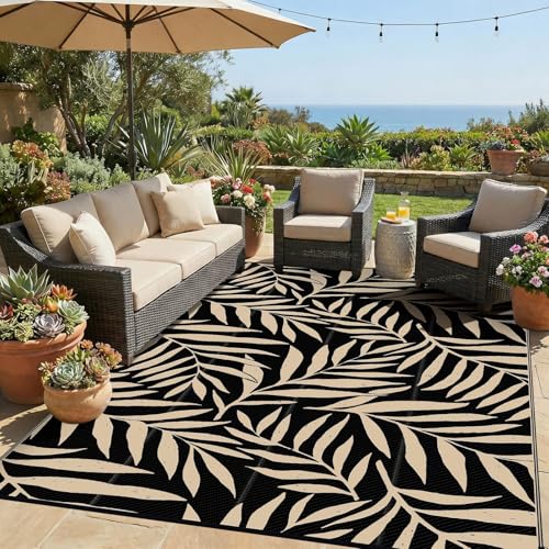 Smiry Outdoor Rug 6x9 ft, Waterproof Reversible Plastic Straw Rugs, Outdoor Area Rug with Leaf Pattern, Outside Floor Mat for Patio, Backyard, Deck, Picnic, Beach, Camping, Black & Beige - color: Black & Beige, size: 6' X 9' (Rectangular)