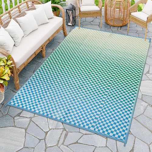 Wonnitar Waterproof Outdoor Rug 6x9 - Blue Yellow Gradient Checkered RV Camping Rug, Reversible Plastic Straw Patio Mat for Poolside Deck, Portable Lightweight Colorful Outdoor Carpet - color: Blue-yellow, size: 6' x 9' (Rectangular)