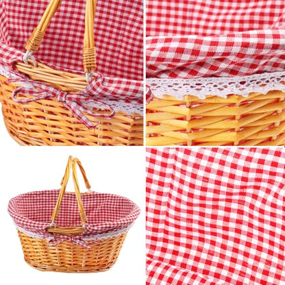 GNIEMCKIN 14 Inch Wicker Basket with Handle, Wicker Picnic Baskets with Red Liner, Oval Willow Woven Basket for Fruit, Wine, Wedding, Picnic - size: 14 Inch