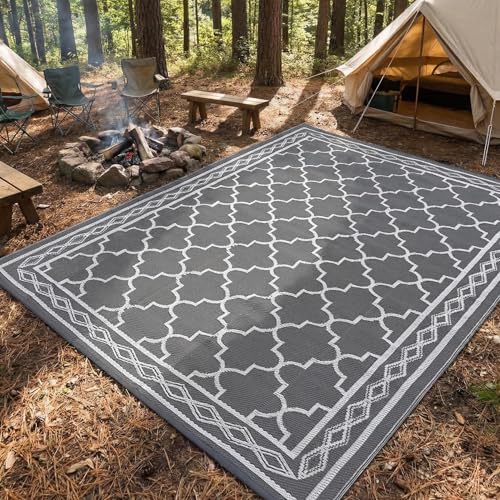 GarveeLife Outdoor Rug 9x12 Outdoor Rug for Patios Clearance,Waterproof Mat,Large Outside Carpet,Reversible Plastic Straw Camping Rugs,Rv,Porch,Deck,Camper,Balcony,Backyard, Grey/White - color: Grey/White, size: 9' x 12' (Rectangular)
