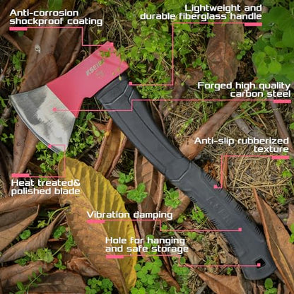 KSEIBI Hatchet with Sheath, Camping Axe for Splitting and Kindling Wood, Forged Steel Blade with Anti-Slip and Shock Reduction Handle Great Throwing Hatchets Pink - style: Rosy Riviera
