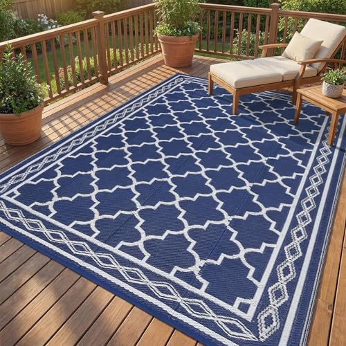 GarveeLife Outdoor Rug 8x10 RV Camping Outdoor Plastic Rug Waterproof Portable Reversible Patio Mat, Large Floor Carpet for Deck Beach Porch Portable Foldable Outside Rug for Deck,Camper, Navy/White - color: Navy/White, size: 8' x 10' (Rectangular)