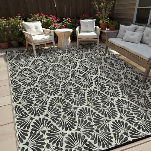 Lahome Outdoor Patio Rugs 8x10 Waterproof, Boho Outdoor Plastic Straw Rug for Porch, Stain Resistant Mats for Backyard Garden Deck Camping Outside, Black White,8'x10' - color: Black, size: 8' x 10' (Rectangular)