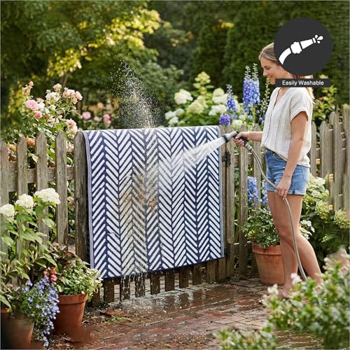 FH Home Outdoor Rug - Waterproof, Fade Resistant, Reversible - Premium Recycled Plastic - Herringbone - Large Patio, Deck, Sunroom, Camping, RV - Fresno - Navy Crease Free - 6 x 9 ft - color: Fresno - Navy, size: 6' x 9' (Rectangular)