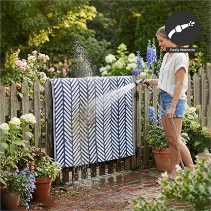 FH Home Outdoor Rug - Waterproof, Fade Resistant, Reversible - Premium Recycled Plastic - Herringbone - Large Patio, Deck, Sunroom, Camping, RV - Fresno - Navy Crease Free - 6 x 9 ft - color: Fresno - Navy, size: 6' x 9' (Rectangular)