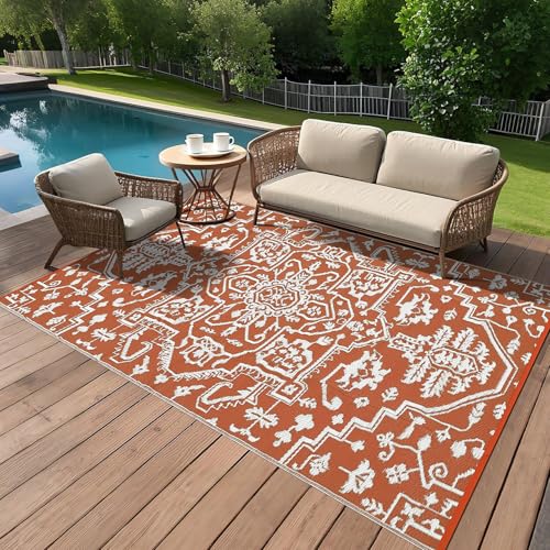 GAOMON 9x18 Boho Vintage Outdoor Rug Waterproof Patio Rug Vintage Floral Reversible Plastic Straw Picnic Rug Portable Outside Carpet for Patio RV Deck Backyard Beach Pool Side, Orange Red White - color: Vintage | Orange Red White, size: 9' x 18' (Rectangu