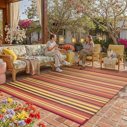 Outdoor Plastic Straw Rug Waterproof Patio 9x12 Red Orange Stripe Mat for Porch Camping RV Balcony Deck Courtyard Reversible Lightweight Durable Portable Carpet - color: Red/Orange, size: 9' x 12' (Rectangular)