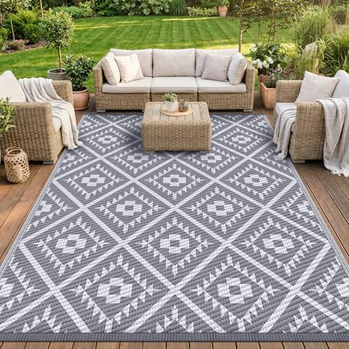 COOLTOP 9'x12’ Outdoor Rug for Patios Porches, Waterproof Plastic Camping Rugs, Modern Reversible Mat, Large Area Rugs for Backyard, Deck, RV, Balcony, Picnic, Beach, Grey & White - color: Grey&white, size: 9' x 12' (Rectangular)