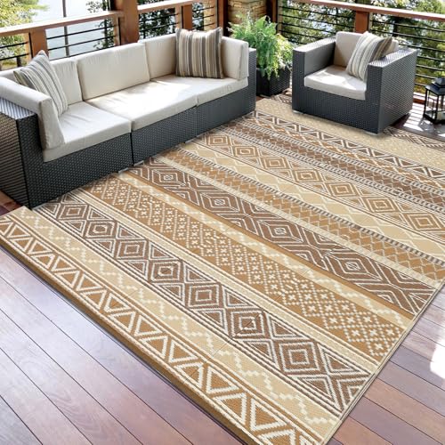 Garvee Outdoor Rug 9x18 Waterproo Large Outdoor Camping Rug Reversible Rv Patio Mats Black Gray Outdoor Plastic Straw Outdoor Rugs Clean Easily Large Patio Mat for RV, Deck, Camping,Brown/Tan - color: Brown/Tan, size: 9' x 18' (Rectangular)