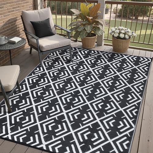 HUGEAR Outdoor Rug Mats, Large Waterproof Outdoor Area Rug, Reversible Portable Outdoor Plastic Straw Carpet for RV Deck Camping Front Door Indoor Outside Porch Picnic (5x8ft Geometric Black&White) - color: Boho/Black&white, size: 5' x 8' (Rectangular)