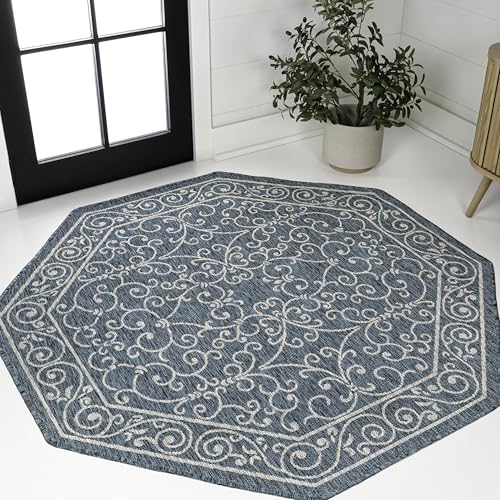 JONATHAN Y Vintage Filigree Indoor Outdoor Octagon Area Rug 5 Ft Teal/Gray, Charleston Textured Weave for Backyard, Patio, Porch, Easy-Cleaning, High Traffic, Pet-Friendly, Non-Shedding SMB106F-5TGN - color: Teal/Gray, size: 5'3" x 5'3" (Octagonal)
