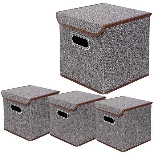 Storage Bin [Set of 4] Linen Fabric Foldable Container with Lid, Collapsible Organizer Boxes Cubes - 10 x 10 x 10 Inches (Gray) - color: Gray