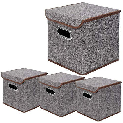 Storage Bin [Set of 4] Linen Fabric Foldable Container with Lid, Collapsible Organizer Boxes Cubes - 10 x 10 x 10 Inches (Gray) - color: Gray