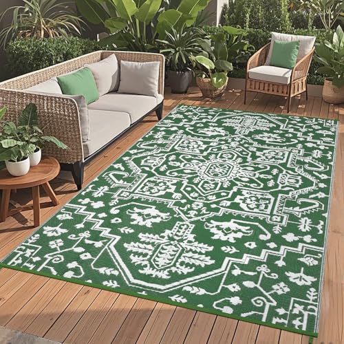 GAOMON 9x12 Waterproof Outdoor Large Rug Reversible Plastic Straw Rug for Patio Camping Indoor Outdoor RV Carpet Mat Stain Outside Large Carpet for Deck Camper Balcony Open-Air, Green White - color: Vintage | Green White, size: 9' x 12' (Rectangular)
