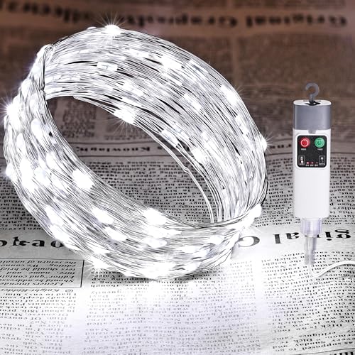 Joomer Fairy String Lights, 33FT 100LED Rechargeable Silver Wire String Lights with Timer and 13 Modes, Waterproof Portable Camping Lights for Tent, Patio, Bedroom, Outdoor Decor (White) - color: White