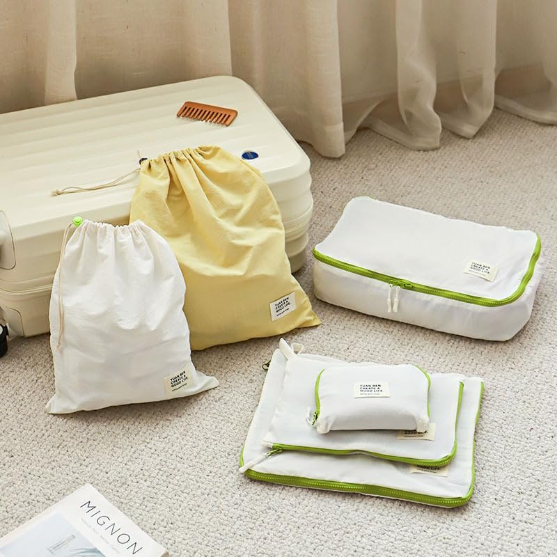 Waterproof Nylon Drawstring Storage Bag, Large Capacity Travel Organizer for Clothes Shoes, Portable Packing Cube (White)