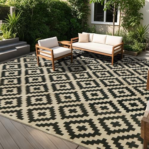 SAND MINE Reversible Mats, Plastic Straw Rug, Modern Area Rug, Large Floor Mat and Rug for Outdoors, RV, Patio, Backyard, Deck, Picnic, Beach, Trailer, Camping, Black & Beige, 10' x 14' - color: Black & Beige, size: 10' x 14'