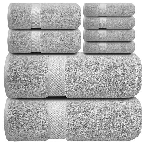 Infinitee Xclusives Luxury 100% Cotton Towel Set – 8 Piece Bathroom Towel Set (2 Bath Towels, 2 Hand Towels, 4 Washcloths) – Soft & Absorbent Towels for Bathroom (Charming Grey) - color: Charming Grey, size: Towel set - 8 Pack