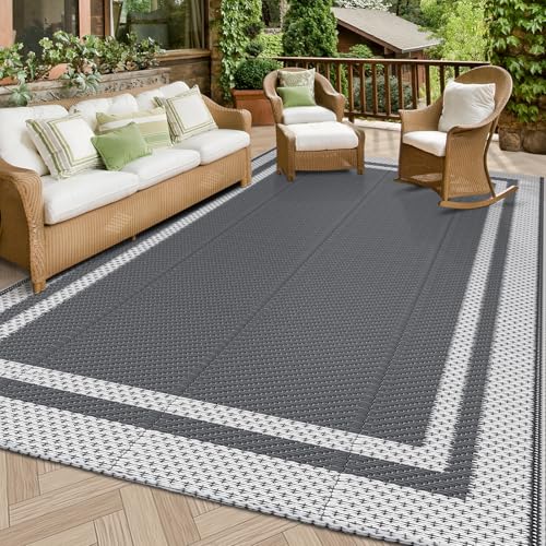 HappyTrends Outdoor Rug Reversible Portable Plastic Straw Camping Rugs for Outside RV,Large Waterproof Outdoor Area Rugs for Patio,Deck,Porch,Balcony(5'x 8',White&Gray) - size: 5' x 8' (Rectangular)