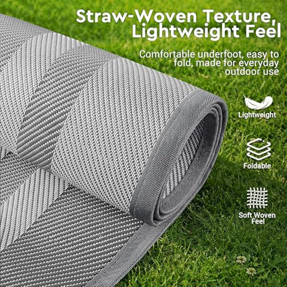 Mattitude Outdoor Rug Reversible Portable Plastic Straw Camping Rugs for Outside RV,Large Waterproof Outdoor Area Rugs for Patio,Deck,Porch,Balcony(6'x 9',White&Gray) - size: 6' x 9' (Rectangular)