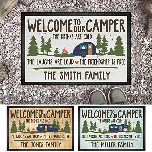 Personalized Welcome to Our Camper Doormat - Custom Family Name The Drinks are Could The Laughs are Loud The Friendship is 16 x 24 inches - color: Style 2