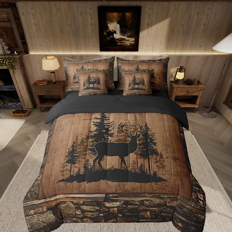 Feelyou Deer Comforter Set with Sheets Queen Size 7 piece Kids Rustic Deer Hunting Bedding Set Cabin Lodge Deer Bed in a Bag Farmhouse Nature Wildlife Antlers Brown Bed Set - color: Brown, size: Queen