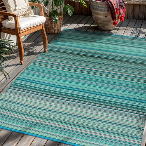 Rugshop Contemporary Stripe Reversible Crease-Free Waterproof Premium Recycled Plastic Outdoor Rugs for Patio,Backyard,RV,Deck,Picnic,Trailer,Beach,Camping Blue 5' x 7' - size: 5' x 7' (Rectangular)