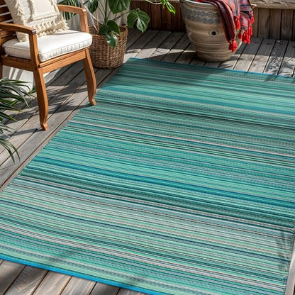Rugshop Contemporary Stripe Reversible Crease-Free Waterproof Premium Recycled Plastic Outdoor Rugs for Patio,Backyard,RV,Deck,Picnic,Trailer,Beach,Camping Blue 5' x 7' - size: 5' x 7' (Rectangular)