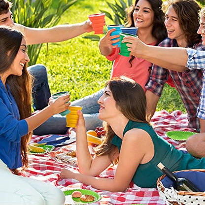 ME.FAN Silicone Collapsible Travel Cup - Silicone Folding Camping Cup with Lids - Expandable Drinking Cup Set - Portable, Graduated [9.22oz] - color: 4 Pack-Bright Orange-Bottle Green-Skyblue-Ginger