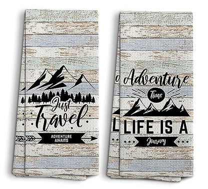 Camping Dish Towels, Camp Kitchen Farmhouse Decor, Camping Gifts for Camper Women Men, Mountain Decor Kitchen Towels, Adventure Time Towels, Set of 2, 16x24