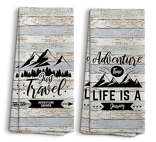 Camping Dish Towels, Camp Kitchen Farmhouse Decor, Camping Gifts for Camper Women Men, Mountain Decor Kitchen Towels, Adventure Time Towels, Set of 2, 16x24