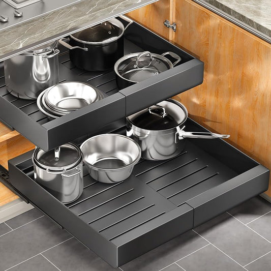 Kitstorack Pull out Cabinet Organizer, Expandable(12"-20") Heavy Duty Slide out Drawer Fixed with Adhesive Nano Film for Pots, Roll out Shelf Storage for Kitchen Base Organization(2-Pack) - color: Black, size: 17"D×12"-20"W(2 Pack)