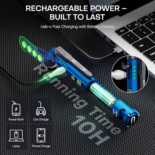 EDC Flashlight Rechargeable,800 Lumen Small Flashlight with Magnetic Clip & Base, 11 Modes LED Flashlight,Glass Breaker&Bottle Opener, USB-C Flashlight for Working,Home and Emergency - color: Blue