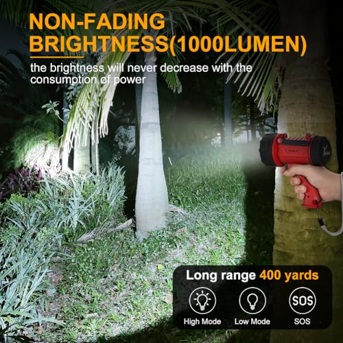 YIERBLUE Rechargeable Spotlight Flashlight with 2000,000 High Lumen LED, IP67 Waterproof Long Running Spot Light searchlight, Impact Resistant Handheld Spotlight with Foldable Stand and Red Lens - color: Red
