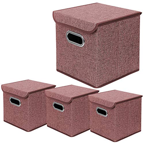 Storage Bin [Set of 4] Linen Fabric Foldable Container with Lid, Collapsible Organizer Boxes Cubes – 10 x 10 x 10 Inches (Red) - color: Red