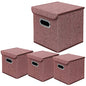 Storage Bin [Set of 4] Linen Fabric Foldable Container with Lid, Collapsible Organizer Boxes Cubes – 10 x 10 x 10 Inches (Red) - color: Red