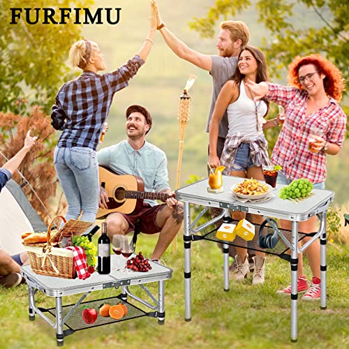Small Folding Table with Storage Net, 24" x 16" Portable Foldable Camping Table with 3 Adjustable Height, White Metal Table for Beach, Patio, BBQ - size: S[24"*16"*24"]