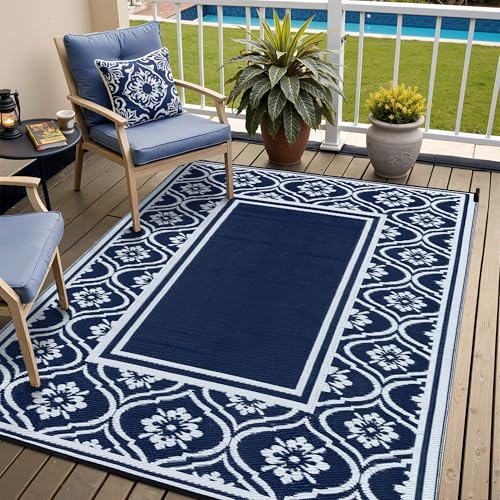 HUGEAR Outdoor Patio Rug 5'x8' Waterproof Outside Area Rugs Blue Reversible Plastic Straw Carpet for RV Deck Camping Entryance Porch Picnic Balcony Beach - color: A| Navy Blue&white, size: 5' x 8' (Rectangular)