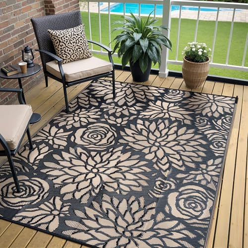 Outdoor Plastic Straw Rug Waterproof Patio 5x8 Black Brown Floral Mat for Porch Camping RV Balcony Deck Courtyard Reversible Lightweight Durable Portable Carpet - color: Floral | Brown, size: 5' x 8' (Rectangular)