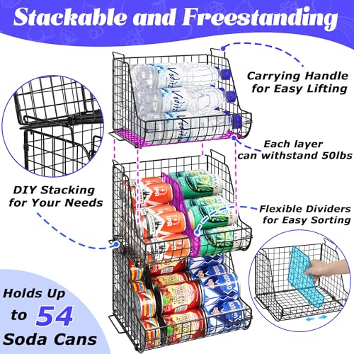 Stacking Can Dispensers 3 Tier with 3 Divider, Large Pantry Can Organizer, Beverage Drink Pop Soda Can Storage Basket, Can Holders for Pantry, Canned Food Rack Wire Bins for Kitchen Cabinet (3-Pack) - size: 3-Pack