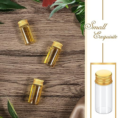 Didaey 100 Pcs Small Clear Vials Spice Mini Jars with Lids Mini Glass Bottles with Screw Aluminum Metal Caps Tiny Jars Sample Containers for Powder Cream Cosmetic Jewelry Wedding (10 ml,Gold Caps) - color: Gold Caps, size: 10 ml