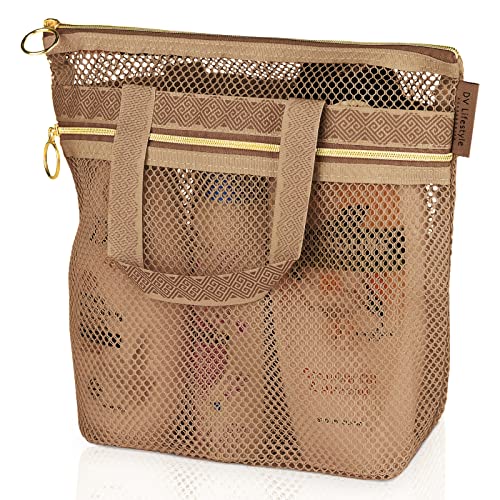 DV Lifestyle Mesh Shower Bag 10.2x9.9'' Quick-Dry Caddy with Zipper & 2 Pockets. Portable Toiletry Tote for Bathroom, Gym, Travel, Camp, Beach, for Sunscreen, Dorm & College Essentials (Brown) - color: Brown, size: Small