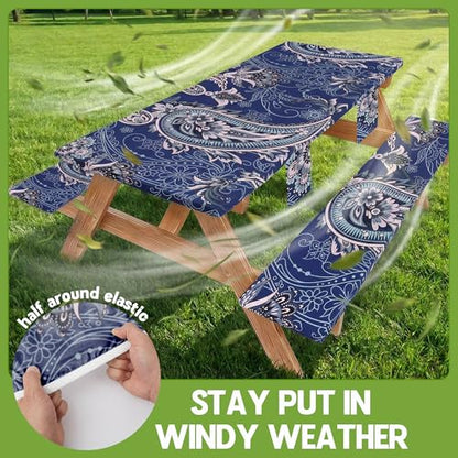 Picnic Table Cover with Bench Covers Waterproof Elastic Rectangle Reusable Folding Tablecloth Manteles Mantelería Camping Essentials Rv Car Travel Supplies Table Cloth Outdoor Road Trip Camper Gifts - color: Blue Paisley, size: 96in