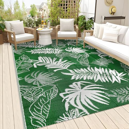 Falflor 5x8 Ft Outdoor Reversible Rug Waterproof Outdoor Patio Rug Plastic Large Floor Mat Lightweight Indoor Outdoor Rug Carpet Plastic Straw Rug for Camping - color: Green, size: 5' x 8'