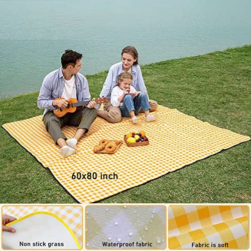 Extra Large Picnic Blanket Beach Blankets, 80''x60'' Picnic Mat Waterproof Sand Proof Foldable Portable for Outdoor Camping Hiking Travel Grass Park Music Festival Lawn Mats (yellow, 80x60 inch) - color: Yellow 80x60 Inch