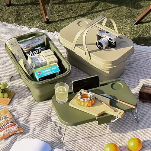 PicnicPro 2-in-1 Foldable Basket & Table Lightweight Collapsible Storage Organizer with Carrying Handle, Portable Picnic Basket with Tabletop, Space-Saving for Beach Camping Car Boot & Home